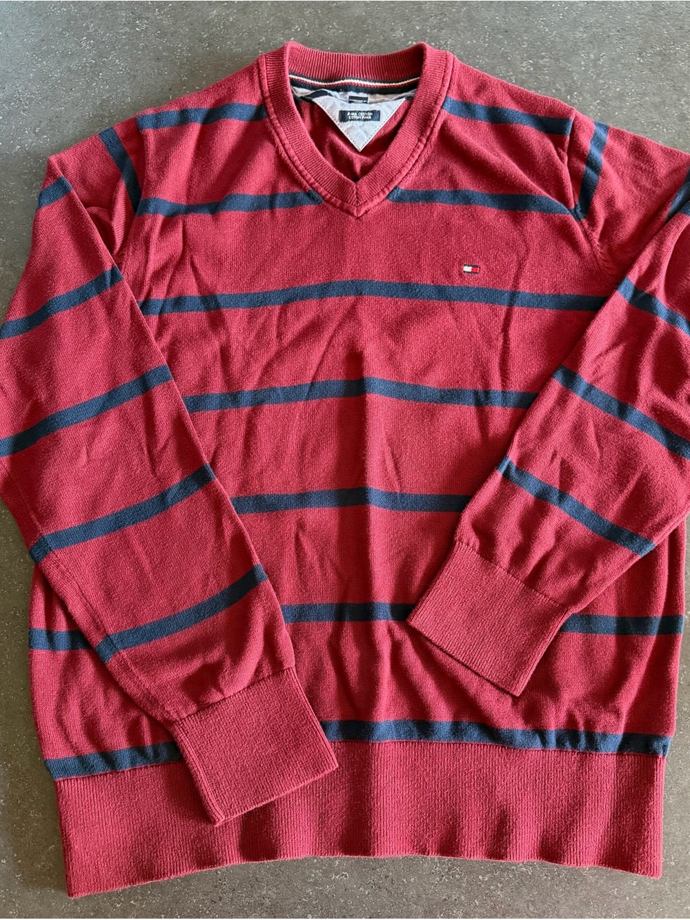 Tommy Hilfiger Men's Red V-Neck Striped Sweater